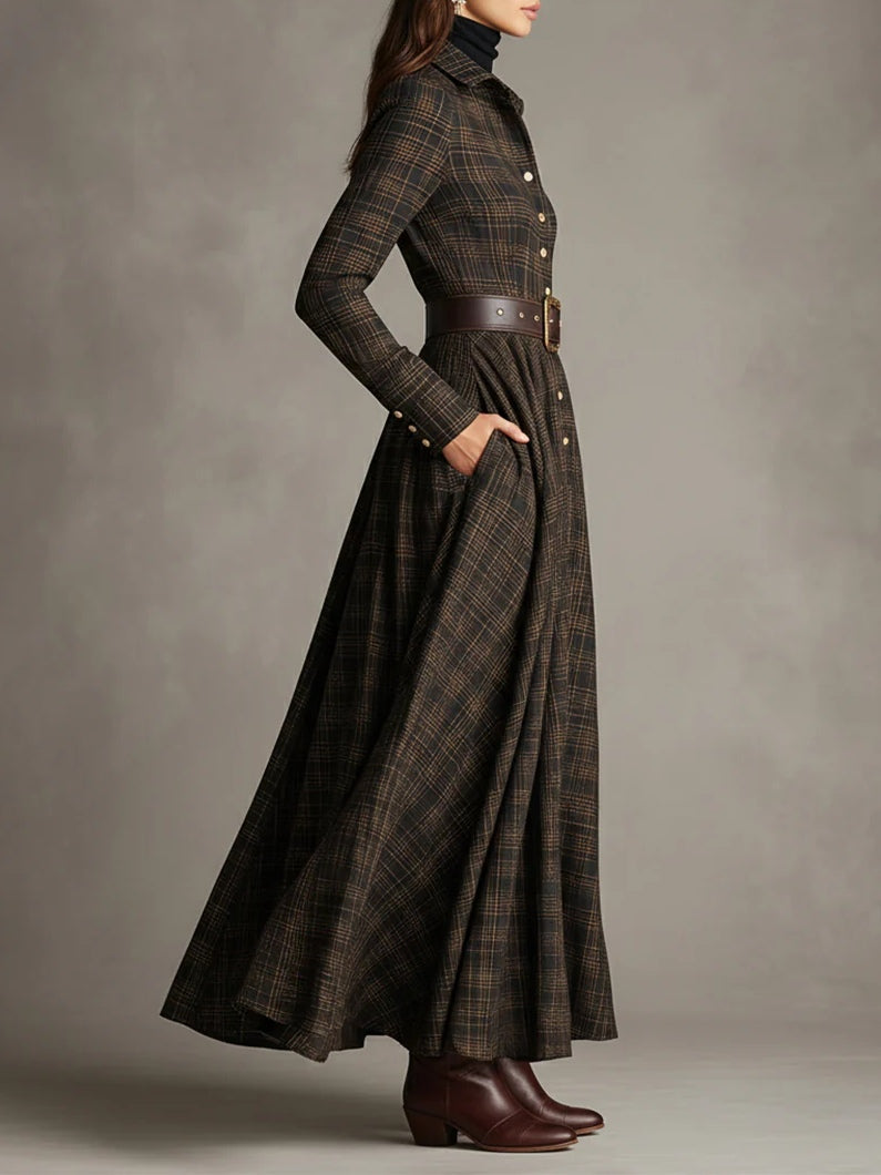 Brown and Black Plaid Shirt Dress with Lapel Collar