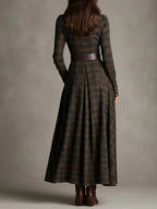 Brown and Black Plaid Shirt Dress with Lapel Collar