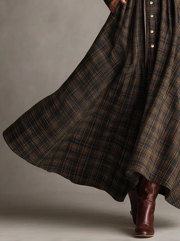 Brown and Black Plaid Shirt Dress with Lapel Collar