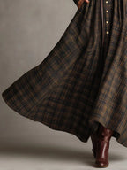 Brown and Black Plaid Shirt Dress with Lapel Collar