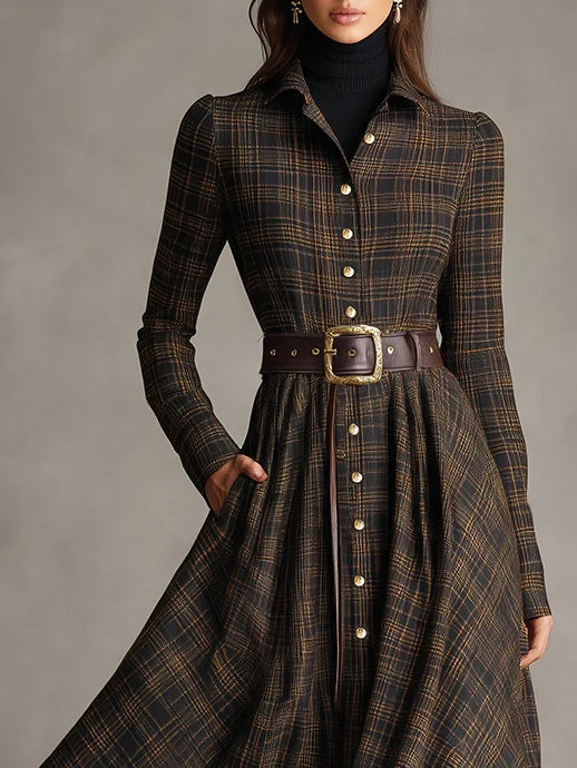 Brown and Black Plaid Shirt Dress with Lapel Collar