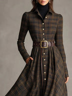 Brown and Black Plaid Shirt Dress with Lapel Collar