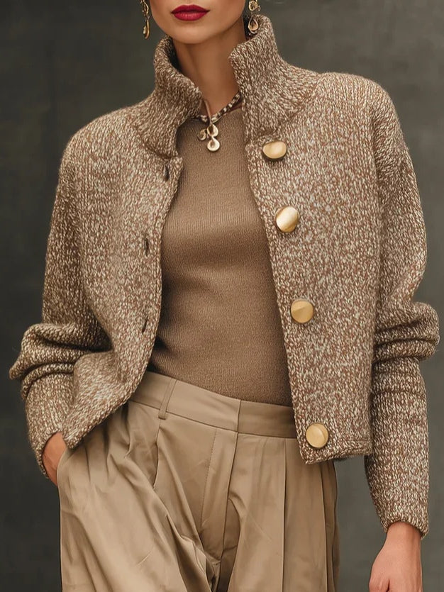 Camel High-Neck Button-Up Cardigan