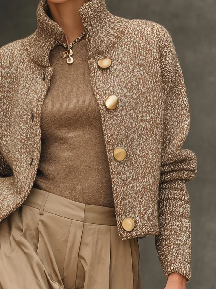 Camel High-Neck Button-Up Cardigan