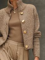 Camel High-Neck Button-Up Cardigan