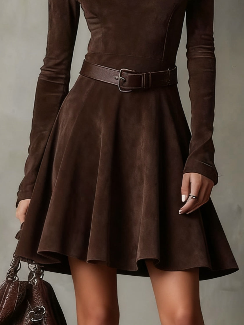 Vestido Mini Vintage de Ante Marrón Oscuro con Cuello Mao