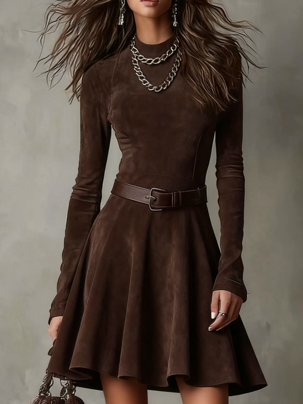 Vestido Mini Vintage de Ante Marrón Oscuro con Cuello Mao