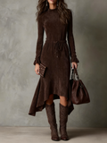 Vestido Midi de Ante Marrón Oscuro Elegante con Cordón y Corte Irregular