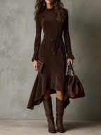 Vestido Midi de Ante Marrón Oscuro Elegante con Cordón y Corte Irregular