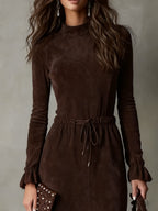 Vestido Midi de Ante Marrón Oscuro Elegante con Cordón y Corte Irregular