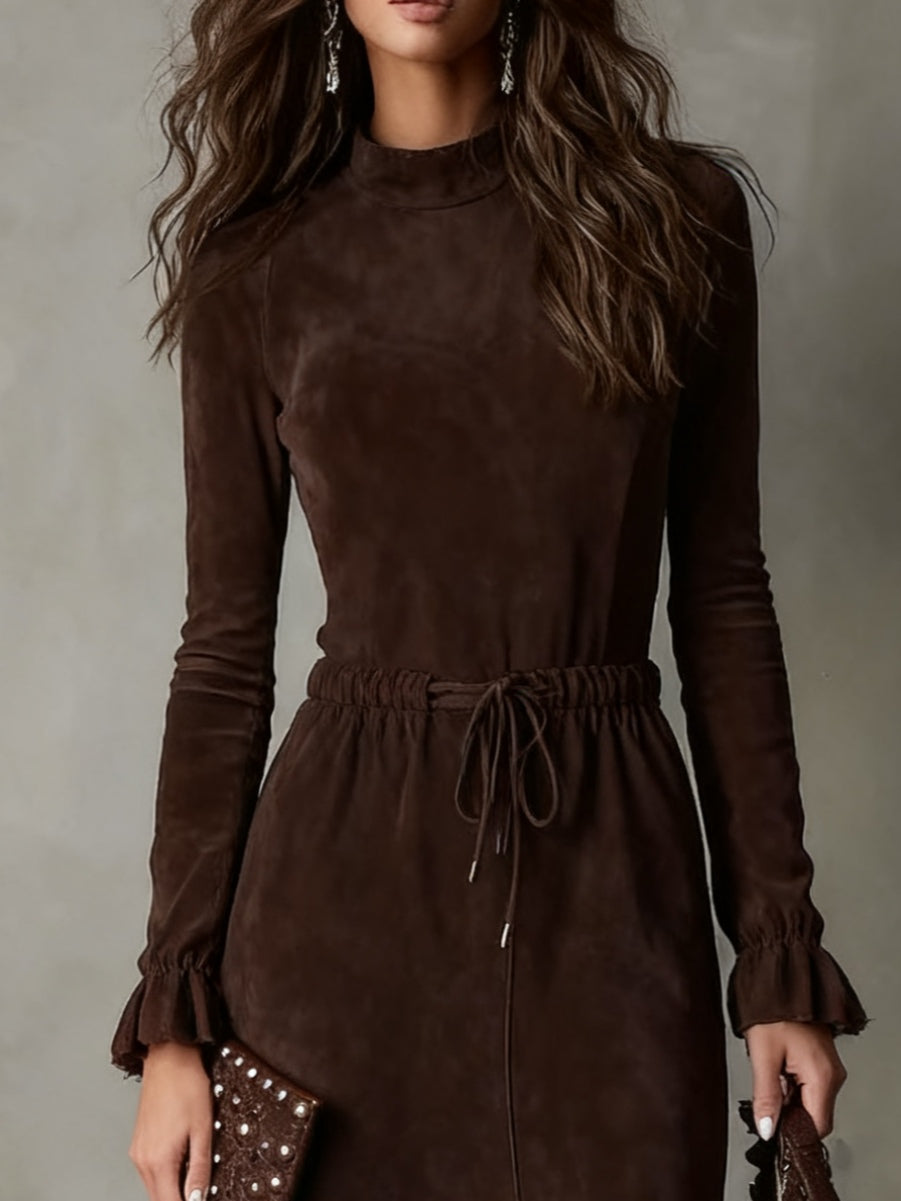 Vestido Midi de Ante Marrón Oscuro Elegante con Cordón y Corte Irregular