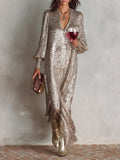 Loose-Fitting V-Neck Sequin Maxi Party Dress