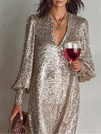 Loose-Fitting V-Neck Sequin Maxi Party Dress