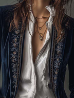 Chaqueta Larga Vintage de Terciopelo Azul Marino con Bordado Floral