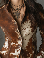 Chaqueta Vintage de Ante Sintético con Estampado de Vaca y Cuello Mao