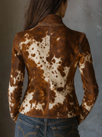 Chaqueta Vintage de Ante Sintético con Estampado de Vaca y Cuello Mao