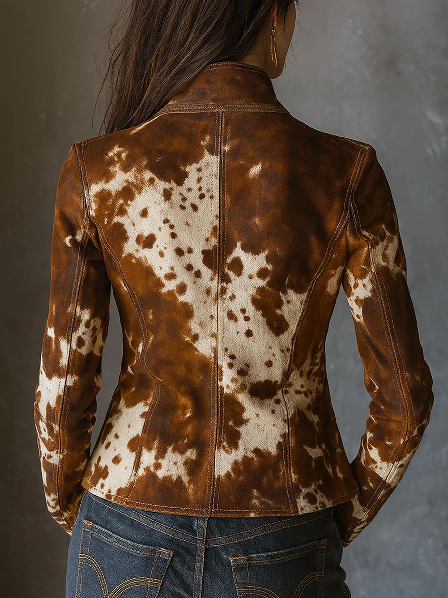 Chaqueta Vintage de Ante Sintético con Estampado de Vaca y Cuello Mao