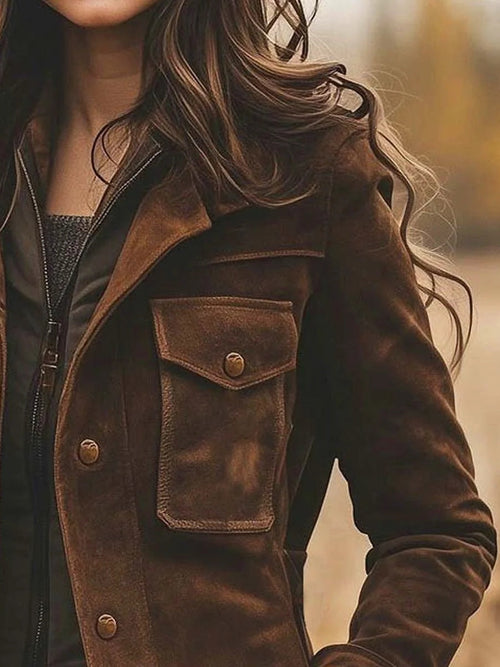 Abrigo de Ante Sintético Vintage con Cuello Solapa y Longitud Media