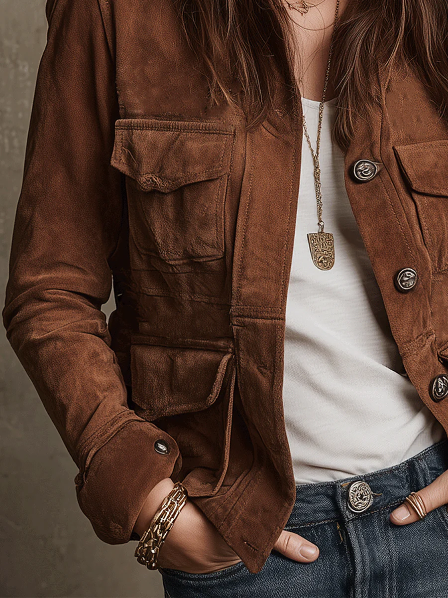 Chaqueta Vintage Marrón de Ante con Múltiples Bolsillos