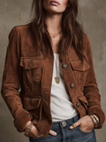 Chaqueta Vintage Marrón de Ante con Múltiples Bolsillos