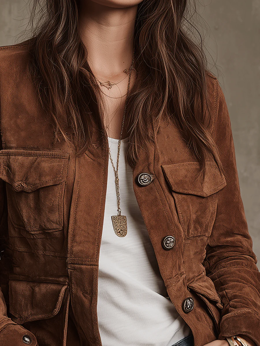Chaqueta Vintage Marrón de Ante con Múltiples Bolsillos