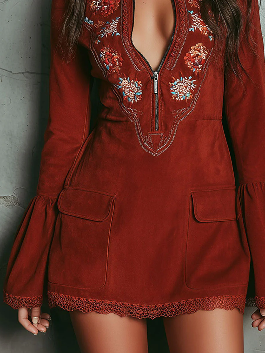 Vestido Mini Retro Rojo Óxido de Ante con Manga Campana y Encaje