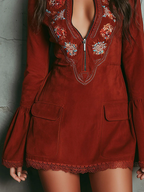 Vestido Mini Retro Rojo Óxido de Ante con Manga Campana y Encaje