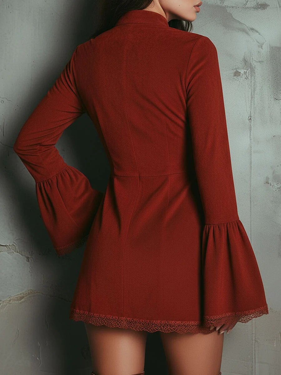 Vestido Mini Retro Rojo Óxido de Ante con Manga Campana y Encaje