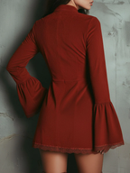 Vestido Mini Retro Rojo Óxido de Ante con Manga Campana y Encaje
