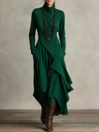 Vestido Maxi Púrpura con Cuello Alto Asimétrico y Plisado