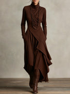Vestido Maxi Púrpura con Cuello Alto Asimétrico y Plisado