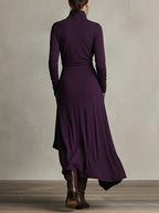 Vestido Maxi Púrpura con Cuello Alto Asimétrico y Plisado