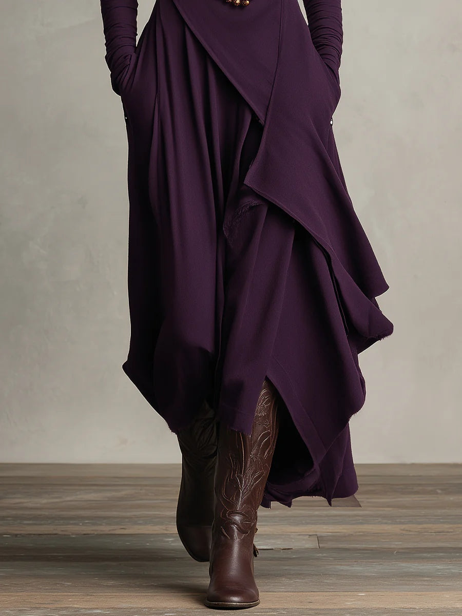 Vestido Maxi Púrpura con Cuello Alto Asimétrico y Plisado