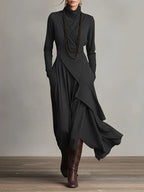 Vestido Maxi Púrpura con Cuello Alto Asimétrico y Plisado