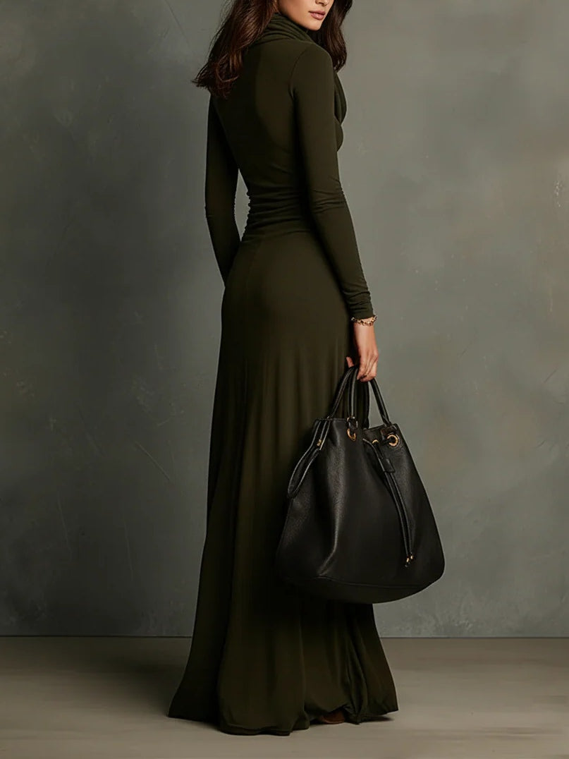 Vestido Maxi Verde Oliva de Punto con Cuello Alto y Plisado