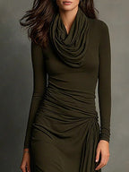 Vestido Maxi Verde Oliva de Punto con Cuello Alto y Plisado