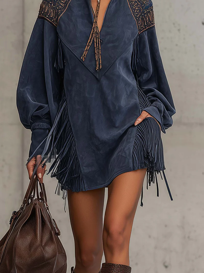 Vestido Mini de Ante Sintético Índigo con Bordado y Flecos