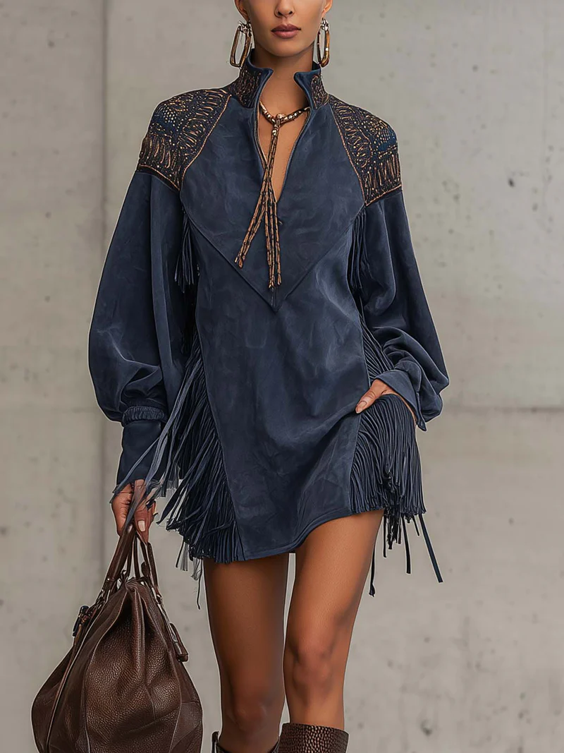 Vestido Mini de Ante Sintético Índigo con Bordado y Flecos