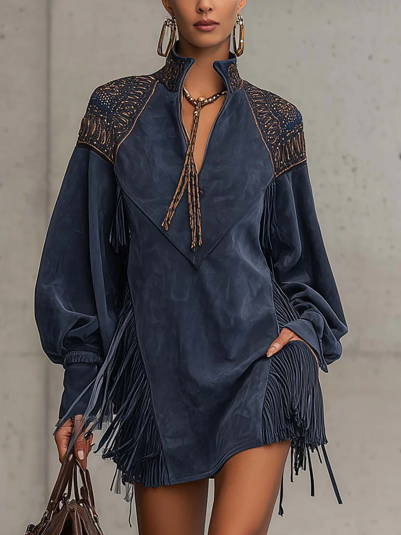 Vestido Mini de Ante Sintético Índigo con Bordado y Flecos