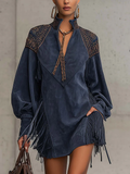 Vestido Mini de Ante Sintético Índigo con Bordado y Flecos