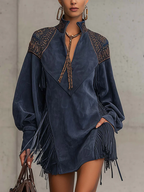 Vestido Mini de Ante Sintético Índigo con Bordado y Flecos