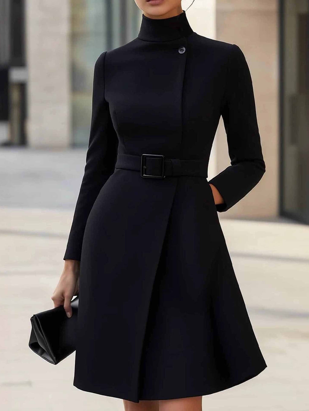 Vestido Midi Evasé de Cuello Alto con Cinturón