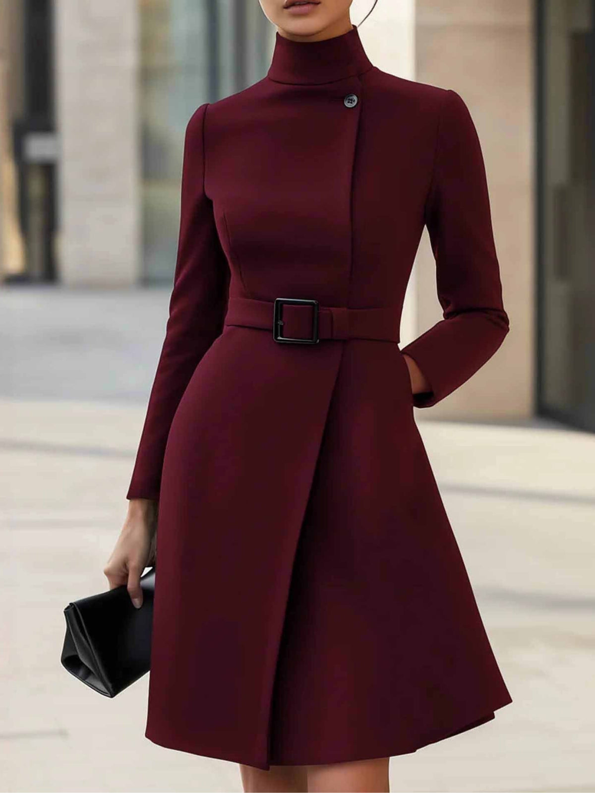 Vestido Midi Evasé de Cuello Alto con Cinturón