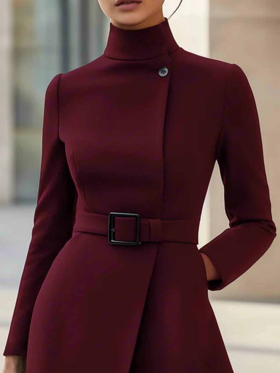 Vestido Midi Evasé de Cuello Alto con Cinturón