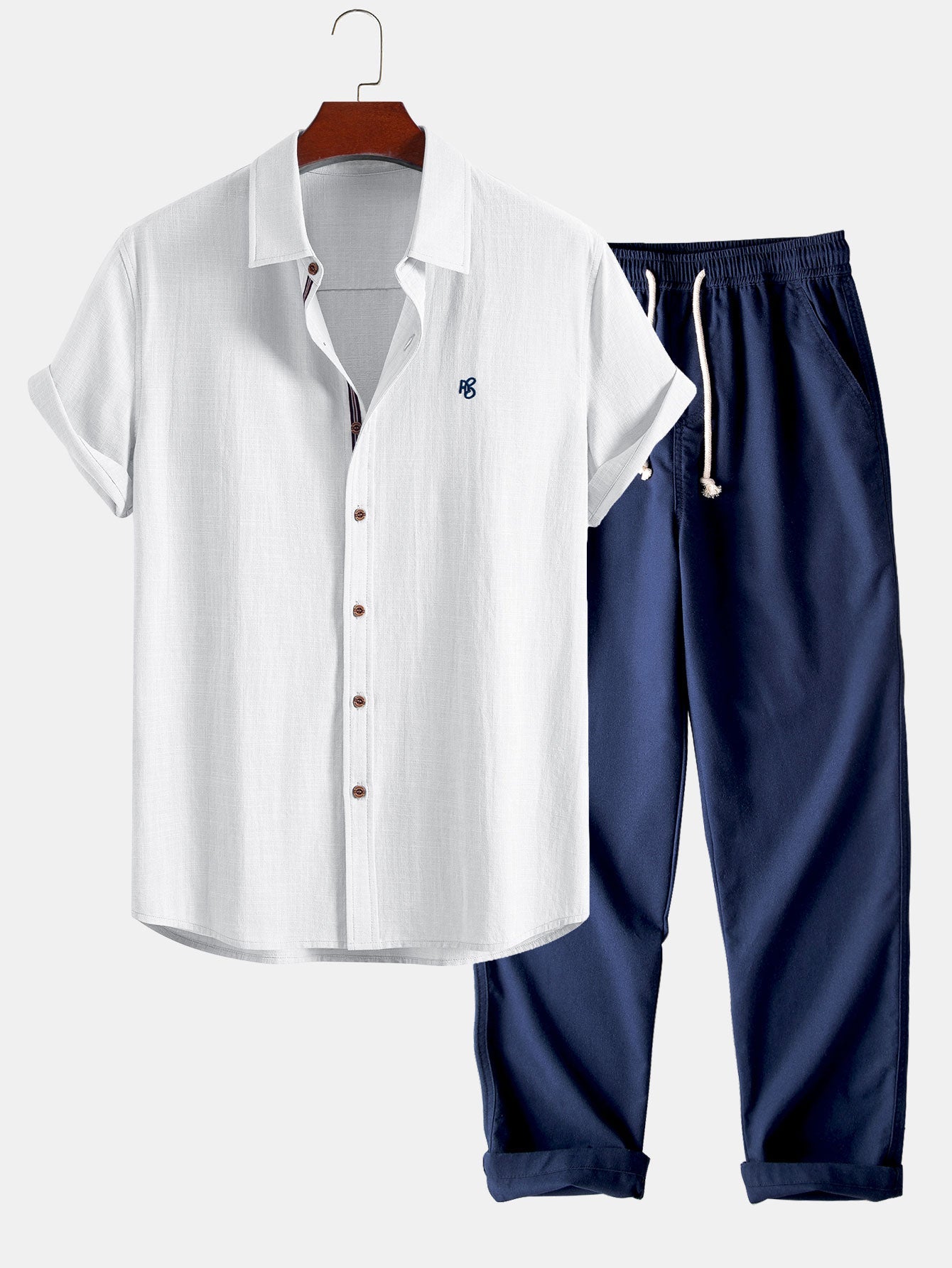 Camisa de manga corta con botones y efecto lino, y pantalones rectos de lino