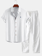 Linen-look short-sleeve button-up shirt and straight-leg linen trousers