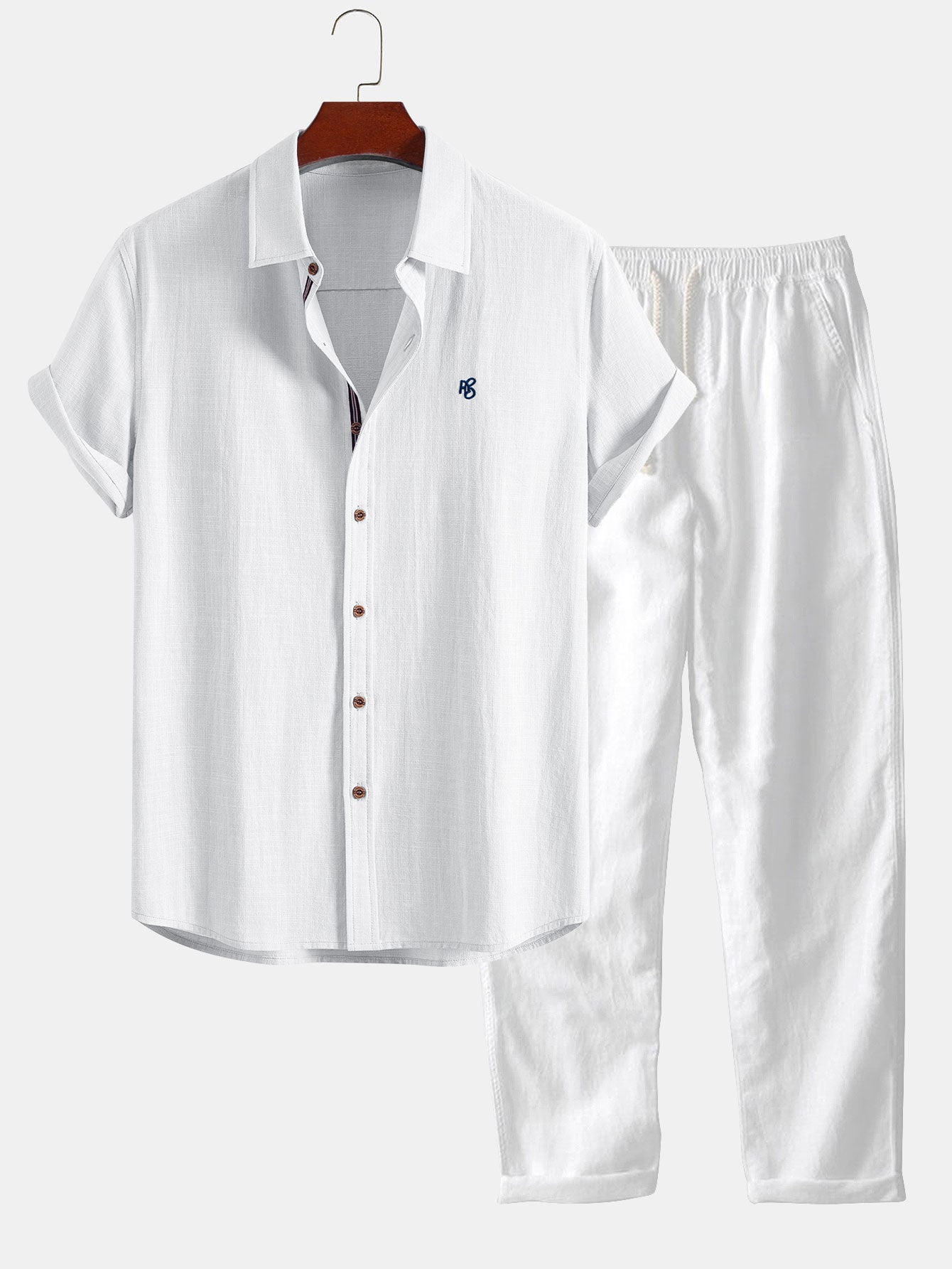 Camisa de manga corta con botones y efecto lino, y pantalones rectos de lino