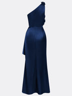 Vestido Largo de Satén Asimétrico con Flores 3D