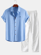 Linen-look short-sleeve button-up shirt and straight-leg linen trousers