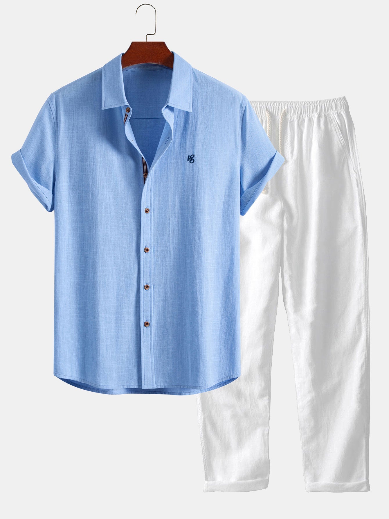 Camisa de manga corta con botones y efecto lino, y pantalones rectos de lino